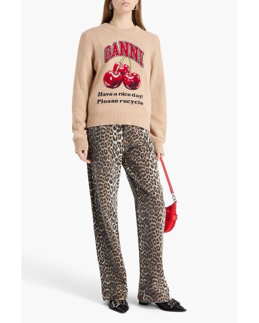 Ganni Pink Intarsia-knit Sweater