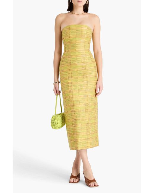 TOVE Yellow Sessy Strapless Metallic Cotton-Blend Jacquard Midi Dress