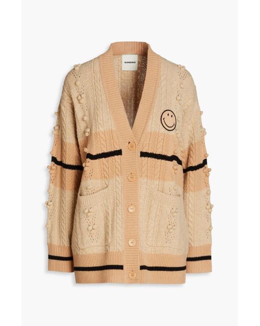 Sandro Natural Pompom-trimmed Cable-knit Wool Cardigan