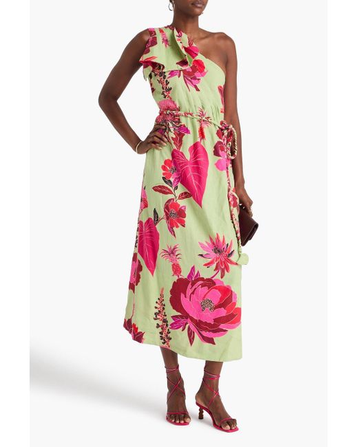 Farm Rio Red Midikleid aus einer leinenmischung mit floralem print und asymmetrischer schulterpartie