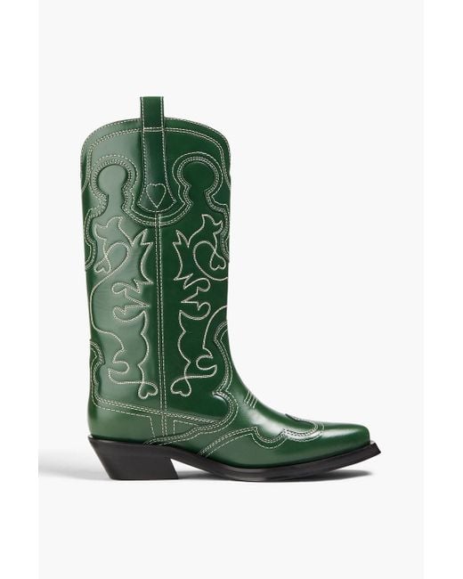 Ganni Green Embroidered Leather Western Boots