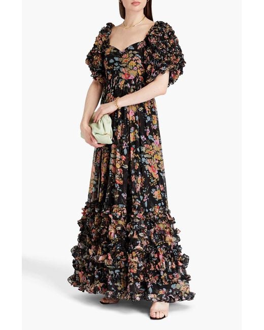 byTiMo Black Ruffled Floral-print Chiffon Maxi Dress