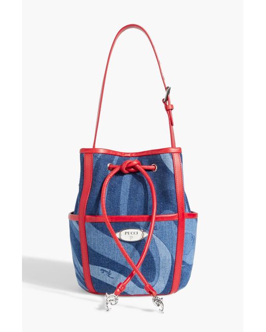 Emilio Pucci White Leather-trimmed Printed Denim Bucket Bag