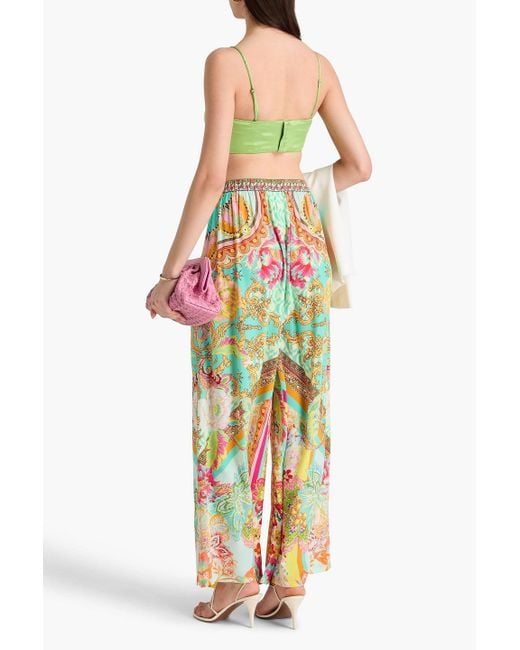 Camilla White Crystal-embellished Printed Silk Crepe De Chine Wide-leg Pants