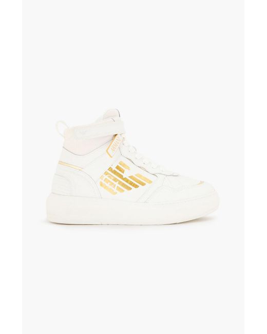 Emporio Armani White Metallic-trimmed Pebbled-leather High-top Sneakers