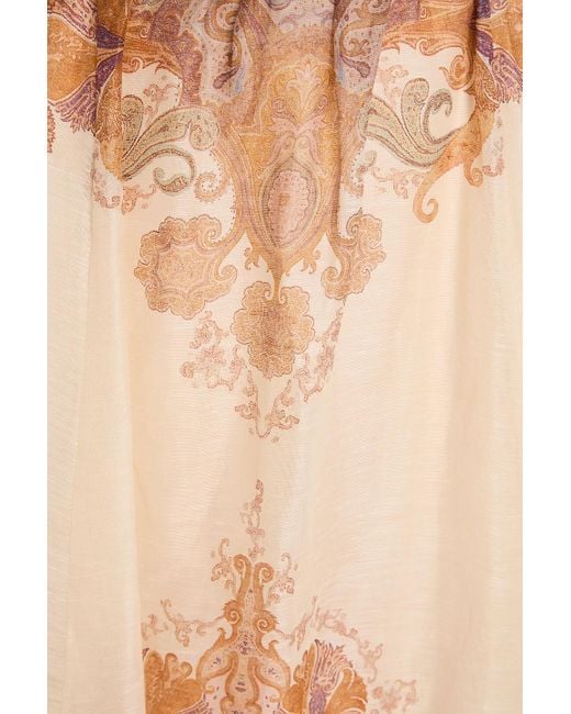Zimmermann Natural Printed Linen And Silk-blend Organza Midi Skirt