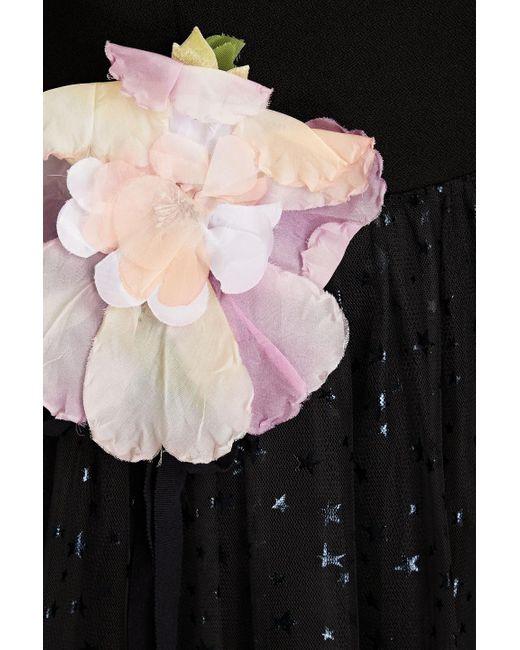 RED Valentino Black Strapless Floral-appliquéd Printed Tulle And Crepe Mini Dress