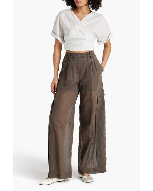 Brunello Cucinelli White Cropped Bead-Embellished Cotton-Blend Wrap Blouse
