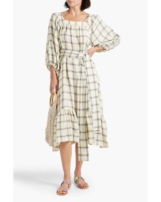 Lisa Marie Fernandez White Laure Checked Linen Midi Dress