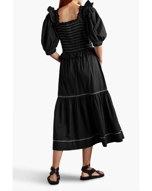 Sea Black Sibylle Ruffled Smocked Cotton-sateen Midi Dress