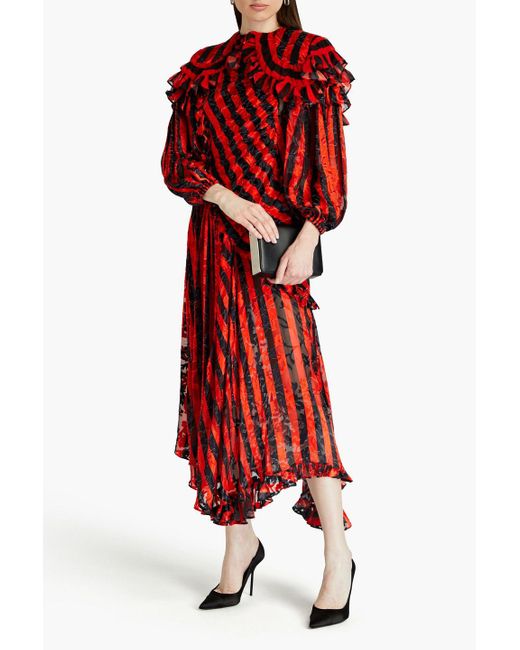 Preen By Thornton Bregazzi Red Ruffled Striped Devoré-chiffon Midi Dress