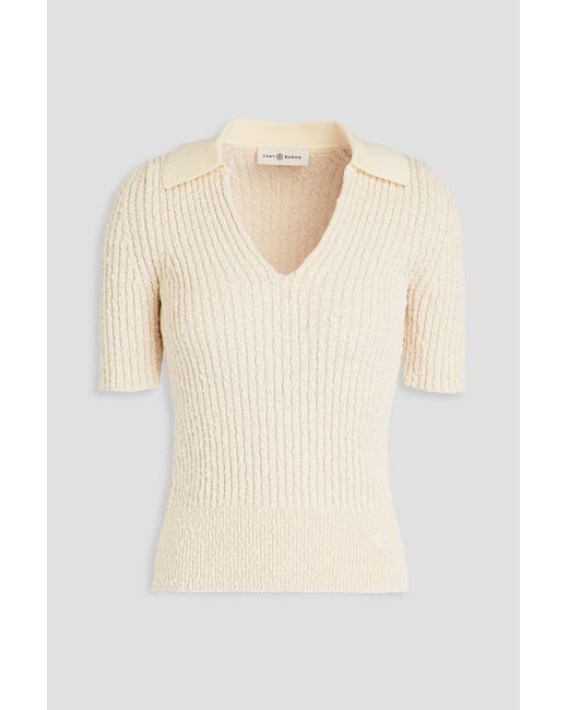 Tory Burch Natural Ribbed Bouclé-knit Cotton Polo Shirt