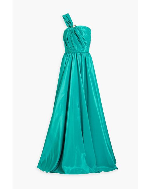 Rhea Costa Blue One-shoulder Ring-embellished Taffeta Gown