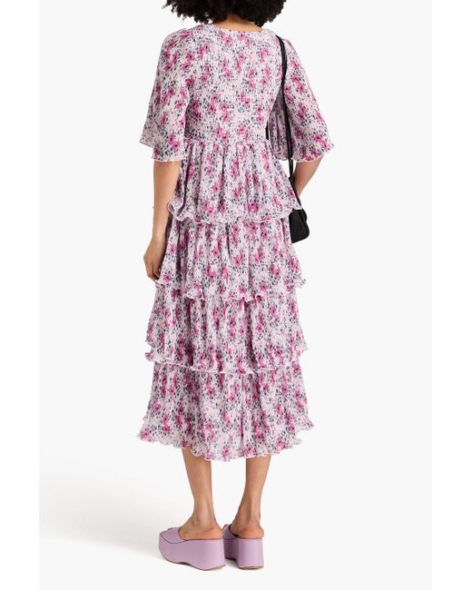 Ganni Pink Tiered Floral-print Plissé-chiffon Midi Dress