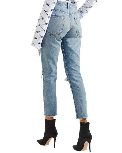 GRLFRND Blue Cropped Distressed High-rise Slim-leg Jeans