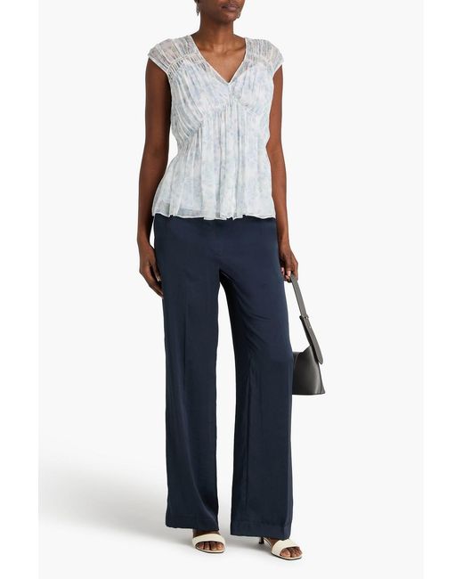 Theory White Shirred Floral-print Silk-crepon Top