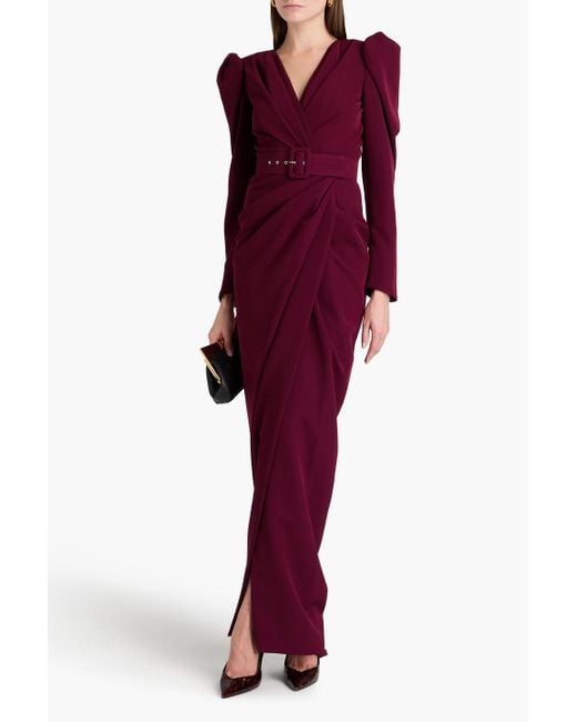 Rhea Costa Purple Wrap-effect Belted Crepe Gown