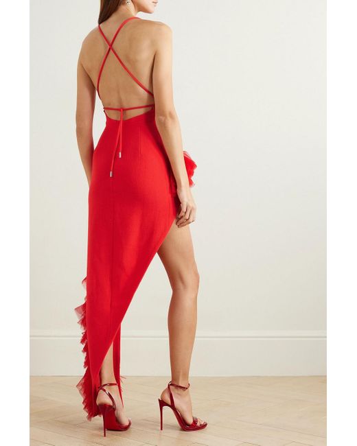 David Koma Red Asymmetrisches maxikleid aus woll-crêpe mit tüllbesatz