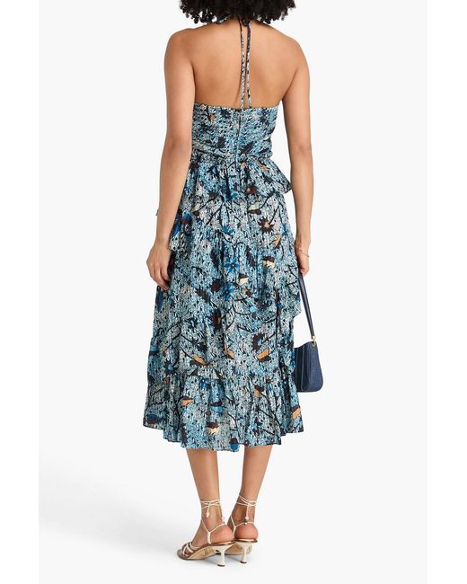 Ulla Johnson Blue Ruffled Cutout Printed Cotton-Blend Halterneck Midi Dress