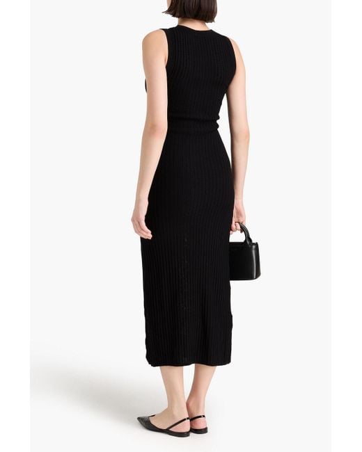 Sandro Black Embellished Ribbed Pointelle-knit Midi Dress