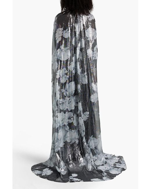 Halston Heritage Gray Nicoletta Cape-effect Floral-print Silk-blend Gown
