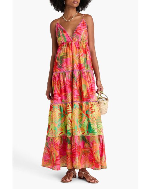 Farm Rio Red Gestuftes maxikleid aus baumwoll-voile mit print