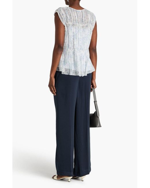 Theory White Shirred Floral-print Silk-crepon Top