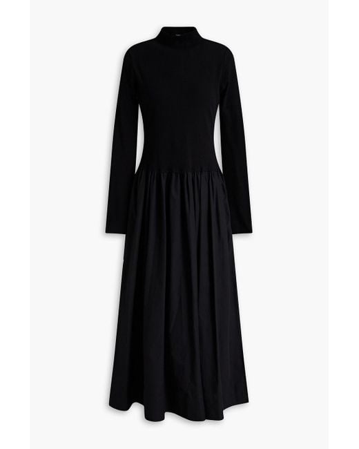 Bassike Black Gathered Ribbed Knit-paneled Cotton-blend Poplin Maxi Dress