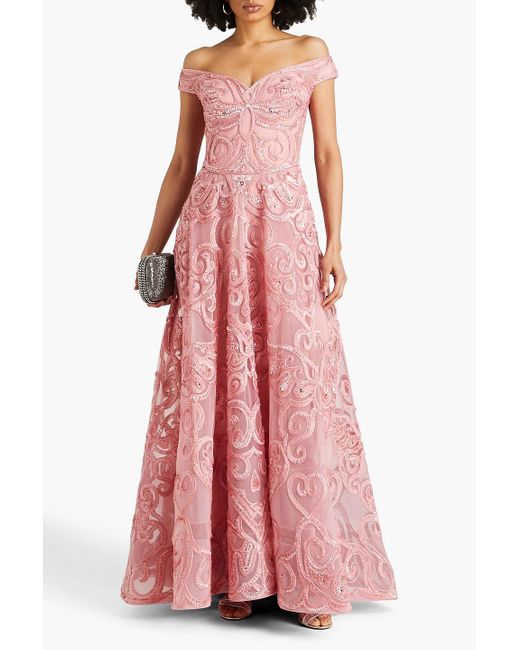 Elie Saab Pink Aurora Off-the-shoulder Embellished Tulle Gown