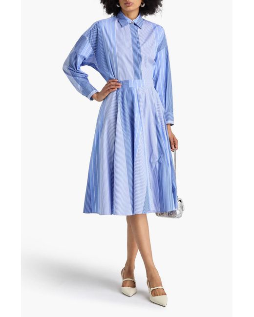 Maje Blue Pleated Striped Cotton-Poplin Midi Shirt Dress