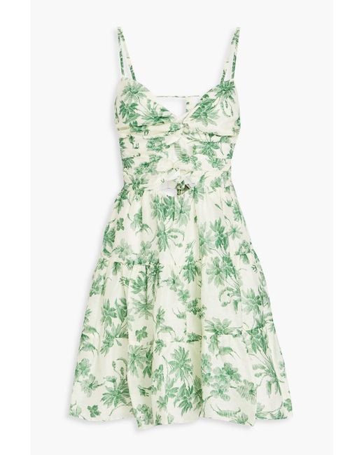 Sandro Green Nances Twisted Cutout Floral-print Linen-blend Mini Dress