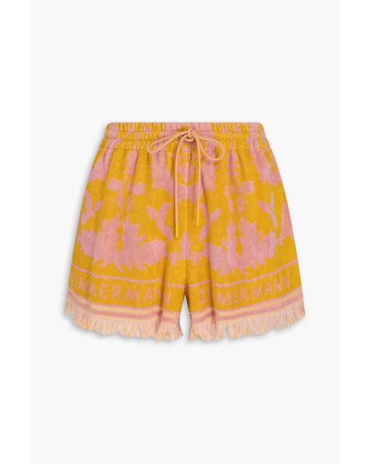 Zimmermann Orange Fringed Printed Cotton-terry Shorts