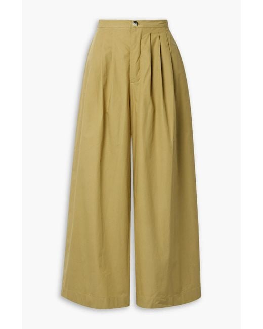 Doen Green Valentin Pleated Cotton-poplin Wide-leg Pants