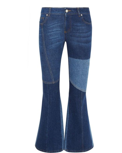 Alexander McQueen Blue Patchwork Cropped Mid-rise Flared Jeans Mid Denim