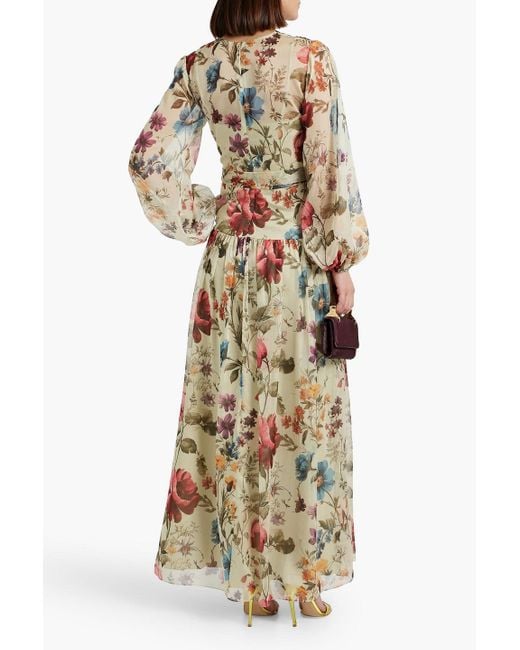 Mikael Aghal Metallic Maxikleid aus chiffon mit floralem print und gürtel
