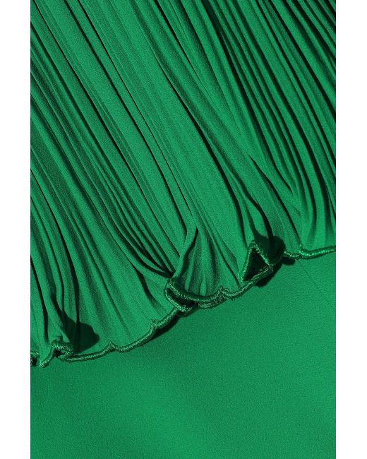 Halston Heritage Green Cold-Shoulder Plissé-Paneled Crepe De Chine Dress