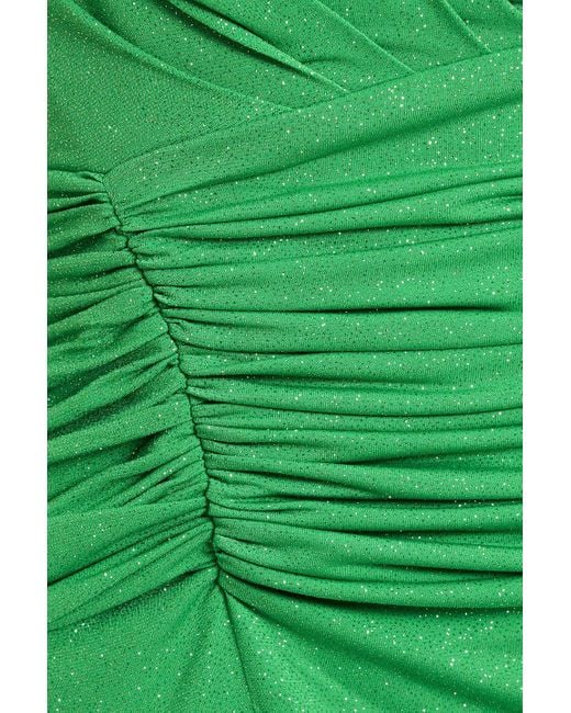 Rhea Costa Green One-shoulder Ruched Glittered Jersey Gown