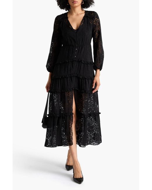 Maje Black Ruffled Devoré-Organza Midi Dress