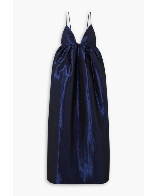 Ganni Blue Gathered Recycled-taffeta Midi Dress