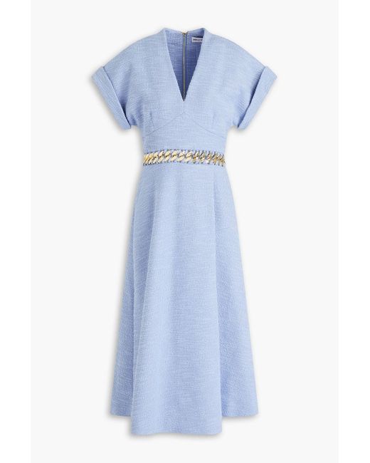 Rebecca Vallance Blue Chain-embellished Tweed Midi Dress