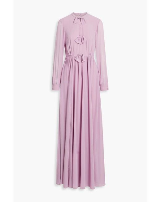 Mikael Aghal Bow-embellished Gathered Chiffon Maxi Dress in Pink | Lyst
