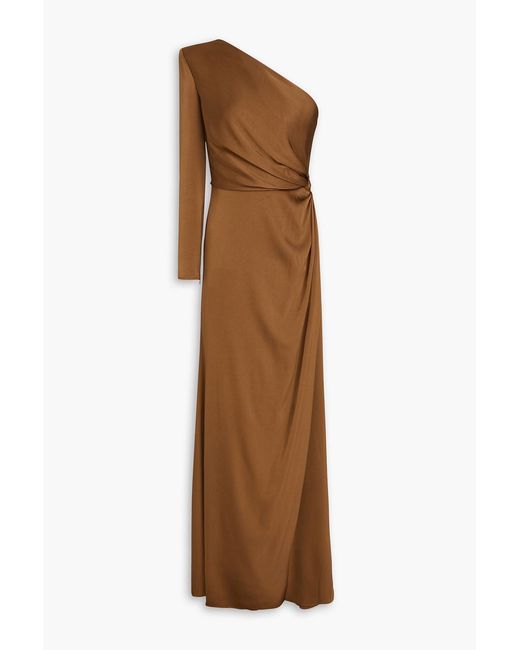 Alex Perry Brown One-Sleeve Twisted Satin-Crepe Gown