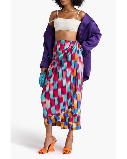 Dries Van Noten Red Printed Satin Midi Wrap Skirt
