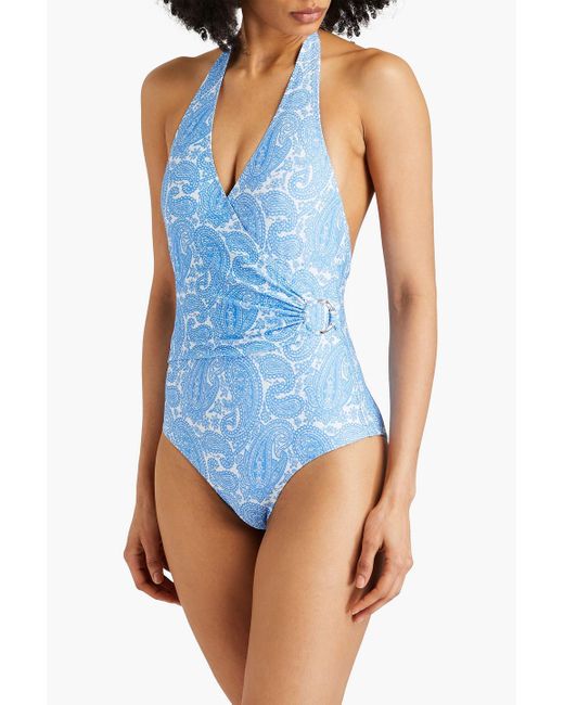 Heidi Klein Blue Cap Mala Paisley-print Stretch-piqué Halterneck Swimsuit