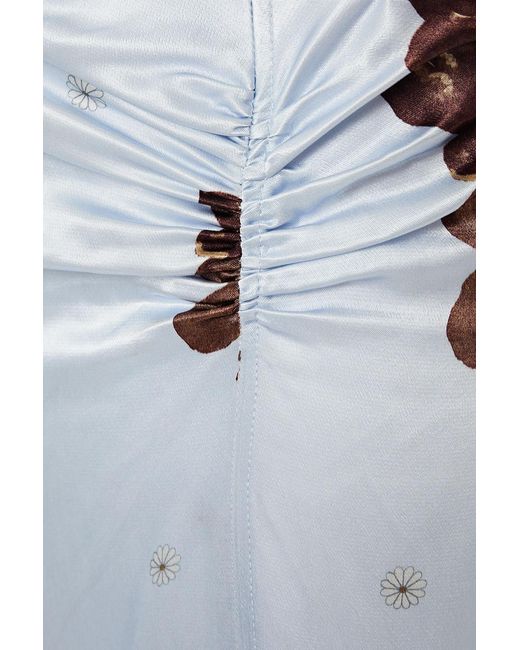 Ganni White Ruched Floral-Print Satin Midi Skirt