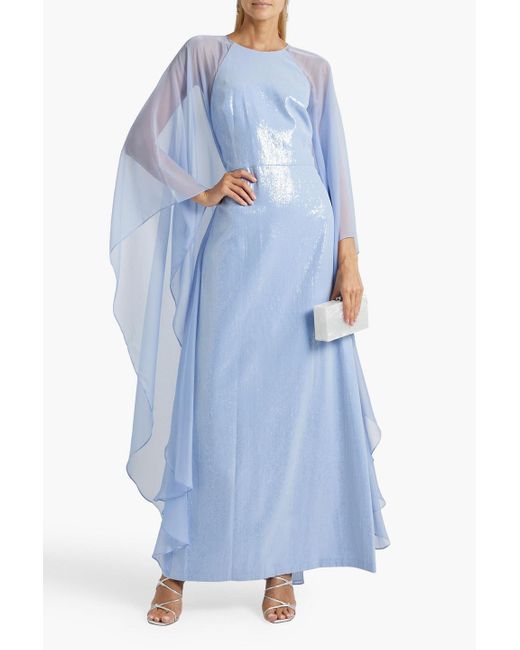 Halston Heritage Blue Adira Cape-effect Sequined Chiffon Gown
