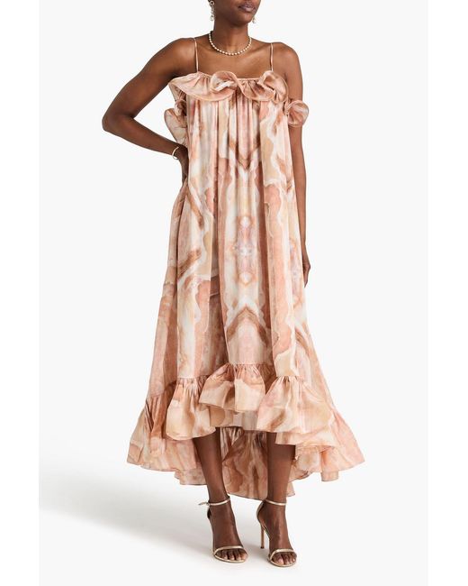 Zimmermann Pink Ruffled Printed Silk-Satin Midi Dress