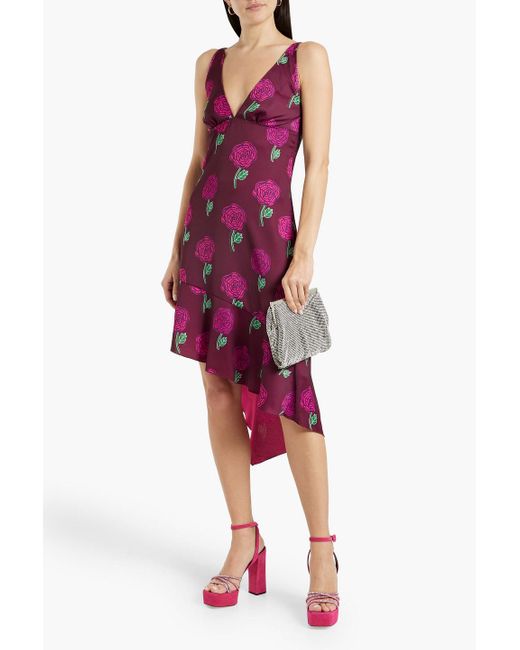 Versace Purple Asymmetric Floral-print Satin-crepe Dress