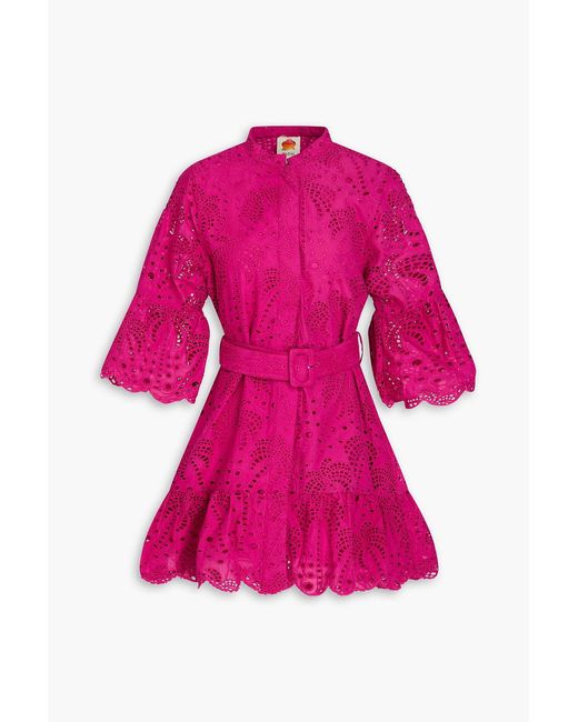 Farm Rio Pink Belted Broderie Anglaise Cotton Mini Dress