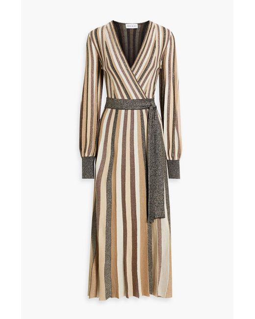 Rebecca Vallance Natural Marsha Wrap-effect Metallic Striped Stretch-knit Midi Dress